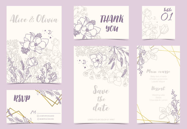 ilustrações de stock, clip art, desenhos animados e ícones de flower wedding invitation with magnolia, lavender and leaves.vector birthday invitation for kid and baby.editable element - greeting card invitation wedding menu