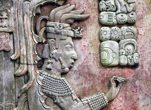 Bas-relief carving with of a Mayan king Pakal, pre-Columbian Maya civilization, Palenque, Chiapas, Mexico, North America. UNESCO world heritage site
