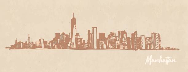 illustrazioni stock, clip art, cartoni animati e icone di tendenza di schizzo di manhattan new york su carta kraft - new york city skyline silhouette manhattan