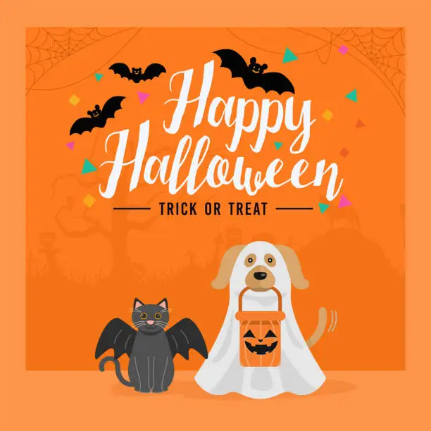 Vector illustration of Happy Halloween banner, Dog and Cat in Halloween costume