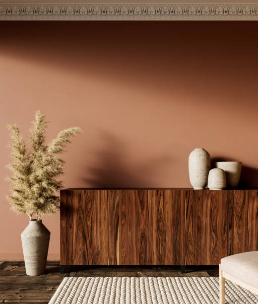 istock Brown orange interior with dresser and decor. 3d render illustration mock up. 1283296503