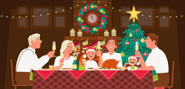 ilustrações, clipart, desenhos animados e ícones de grande família celebra o natal ou ano novo. vovó e avô, mãe, pai e filhos estão sentados - natal familia
