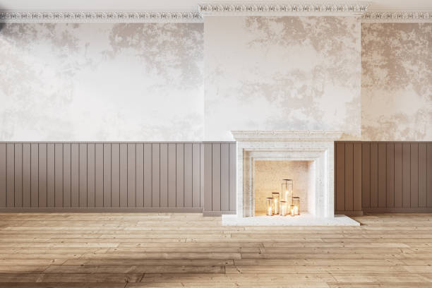 istock Modern classic interior with fireplace, wall panels, stucco and candles. 3d render illustration mock up. 1283296627