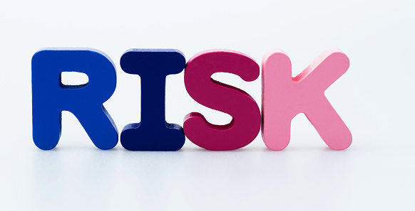 Wood word risk on white background.