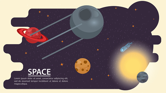 Fake Space System.drawing Space Artificial Satellite Flying Among The Planets Flat Vector Drawing ...