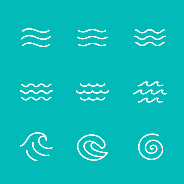 ocean, fale morskie wektor ilustracja płaska proste linie, ikony, symbole zestaw - wave stock illustrations
