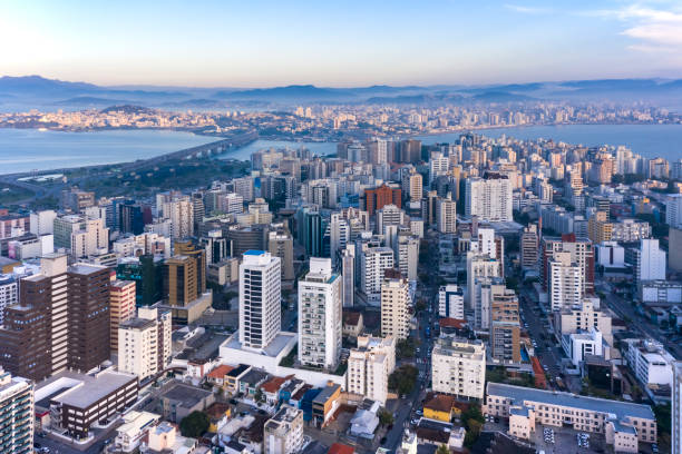 istock downtown buildings seen from the top with cable-stayed bridge in the background, Florianopolis, Santa Catarina, Brazil 1283302182