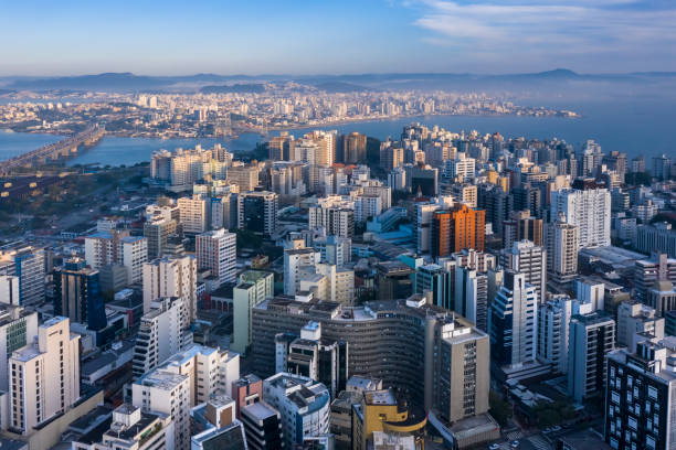 downtown buildings seen from the top with cable-stayed bridge in the background, Florianopolis, Santa Catarina, Brazil