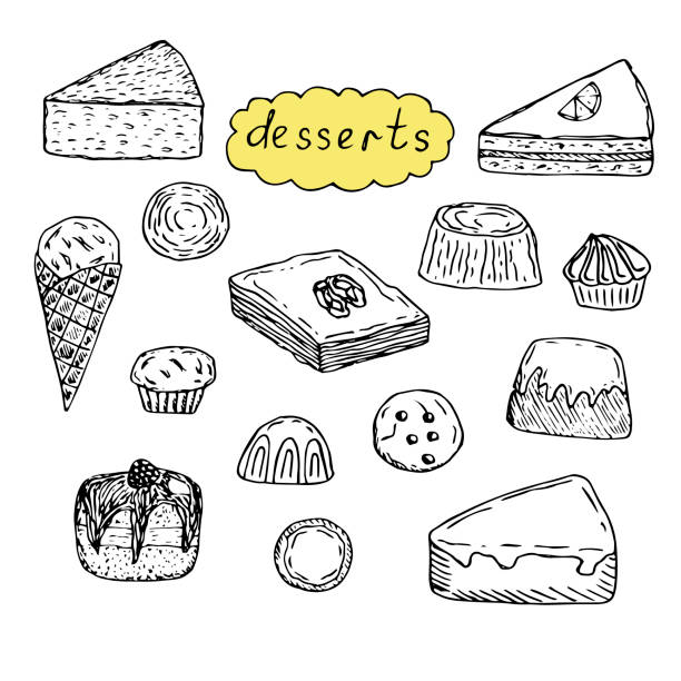 Set of desserts, vector illustration, sponge cake, cakes, ice cream, jelly, cupcakes, cookies, baklava, hand drawing Set of desserts vector illustration sponge cake cakes ice cream jelly cupcakes cookies baklava hand drawing baklava stock illustrations