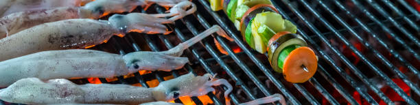 Squid grilled dish charcoal barbecue.