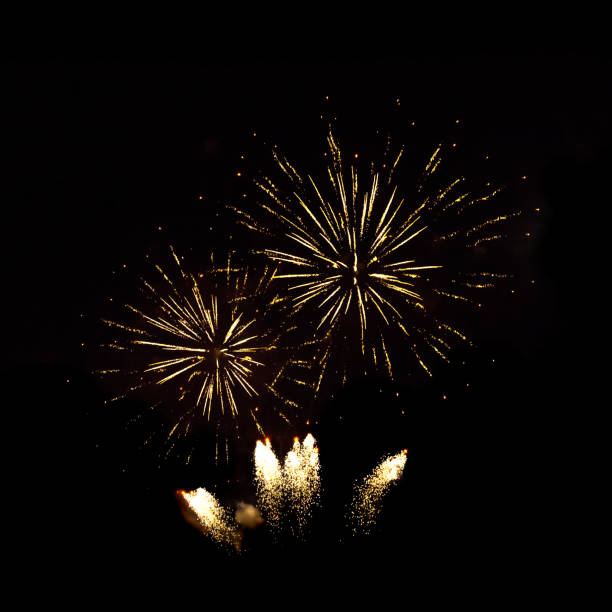 Beautiful golden firework isolated on black background. Firework explode night sky close up. Template to design Greeting card for Christmas holidays, New year, anniversary, independence day, birthday