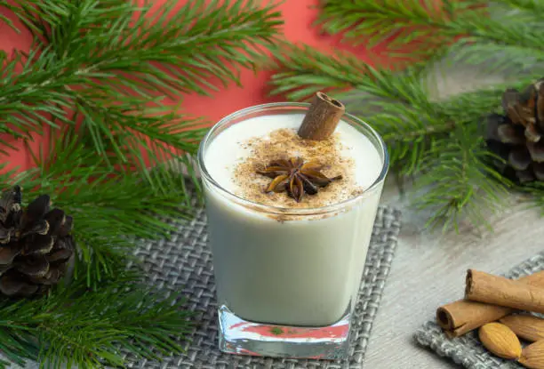 eggnog Christmas cocktail with grated nutmeg and cinnamon. Traditional holiday drink. warm xmas cocktail made on the basis of milk,cream, eggs and spices, with the addition of alcohol. added Illicium