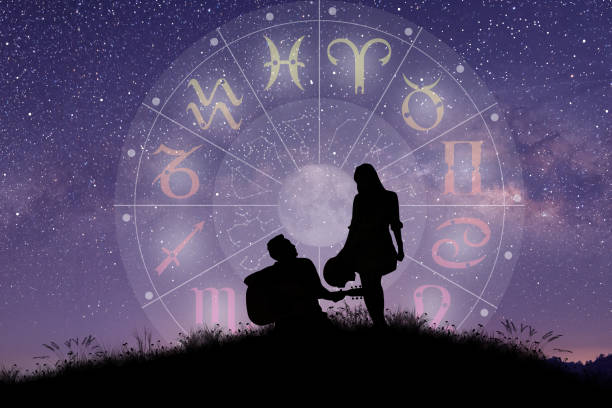Zodiac wheel. Astrology concept. Astrological zodiac signs inside of horoscope circle. Couple singing and dancing over the zodiac wheel and milky way background. The power of the universe concept. cancer astrology sign photos stock pictures, royalty-free photos & images
