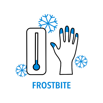 Frostbite symptom with snowflakes. Frozen hands in winter with cool temperatures line art design. Healthcare concept.
