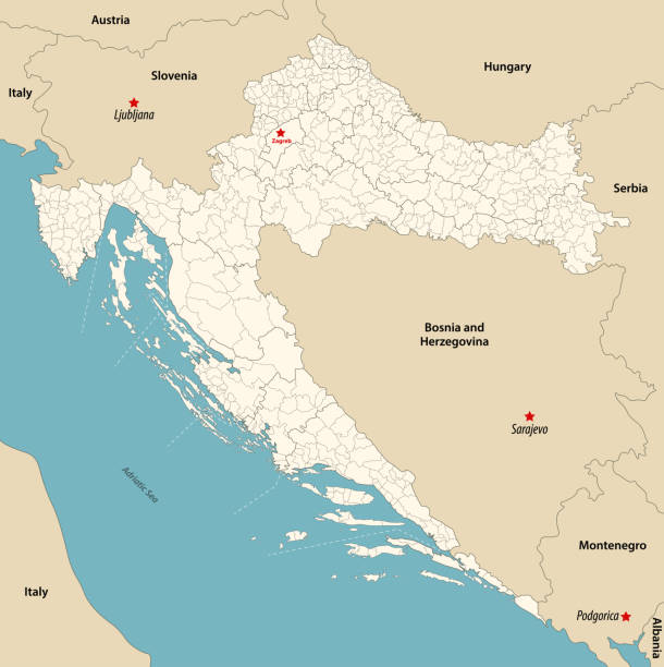 ilustrações, clipart, desenhos animados e ícones de mapa vetorial de municípios da croácia coloridos por condados com países e territórios vizinhos - koprivnica croatia