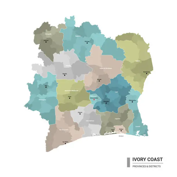 Vector illustration of Ivory Coast higt detailed map with subdivisions.