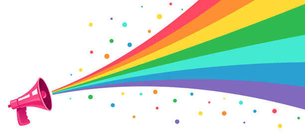 ilustraciones, imágenes clip art, dibujos animados e iconos de stock de megáfono rosa vectorial con arco iris. - gay pride flag audio