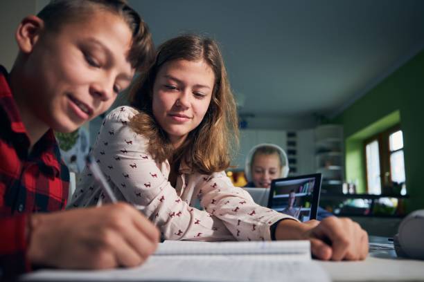 istock Online school lesson at home 1283312259