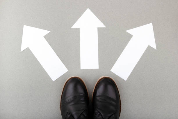 Make decision which way to go. Walking on directional sign on asphalt road.