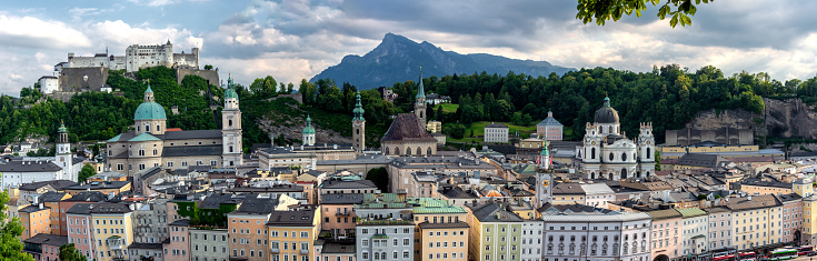 View of Salzburg city and Hohensalzburg Fortress on the hill. Austria