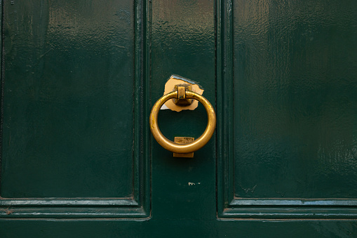 Old green wooden door with a brass door knocker.