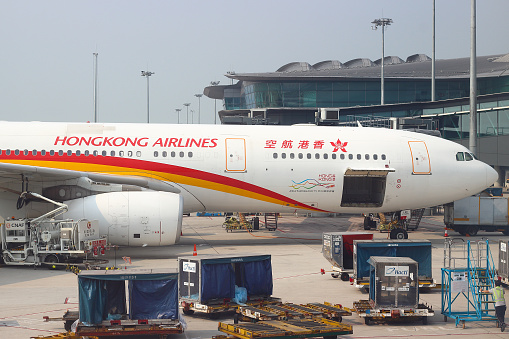Hong Kong, China - October 7, 2018: Airbus a330-300 of Hong Kong Airlines docked at the Hong Kong International Airport.