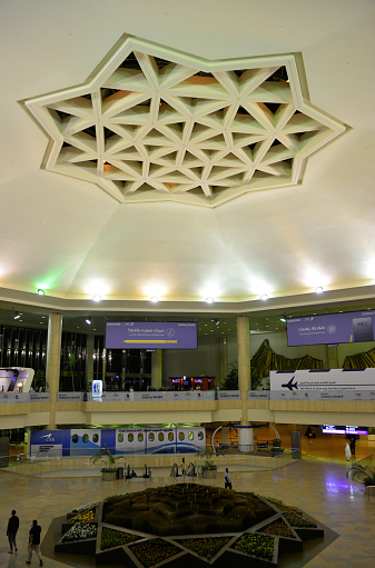 Dammam, Eastern Province, Saudi Arabia: mail hall with geometrical motives of King Fahd International Airport / Dammam International Airport,  located 20 kilometers northwest of Dammam. Its surface area of ​​780  sq.km makes it the largest airport in the world. The airport serves the entire eastern region of Saudi Arabia and particularly the provinces of Dammam, Dhahran, Khobar, Qatif, Ras Tanura and Al-Jubayl.