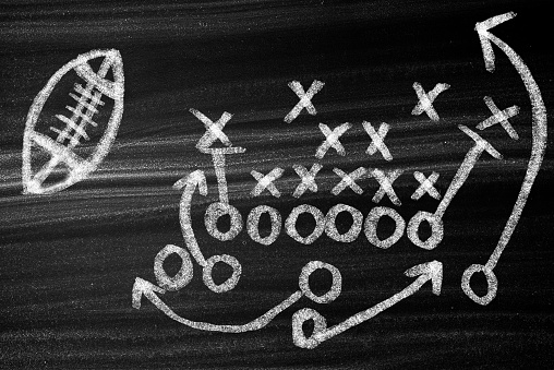 Chalkboard drawing of a strategical football play