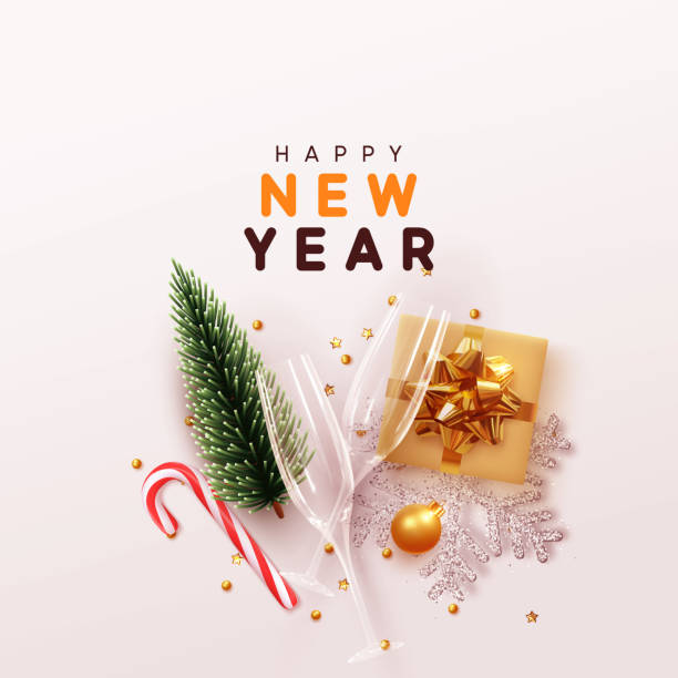 Happy New Year Modern background. Happy New Year Modern background. Xmas sparkling gold star with gifts box and golden tinsel realistic glasses. Christmas posters, greeting cards, headers, website. Objects viewed from above. Flat lay, 2021 background stock illustrations