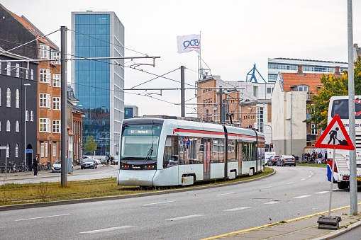 Aarhus, Denmark, October 20, 2020: Modern tram in the central part of Aarhus, the second largest city in Denmark