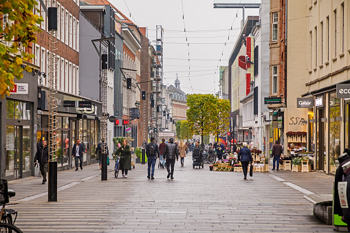 Aarhus, Denmark, October 21, 2020: Pedestrian street in the morning in the central part of Aarhus, the second largest city in Denmark