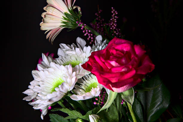 istock Bouquet of chrysanthemums and gerberas with a rose on a black background 1283320409