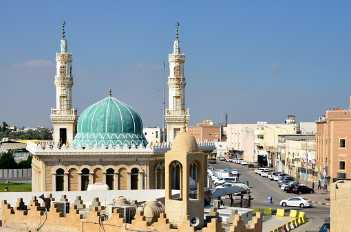 JUNE 27, 2023, BUKHARA, UZBEKISTAN: View over the Poi Kalon Mosque and Minaret from the Ark fortress, in Bukhara, Uzbekistan. Blue sky with copy space for text