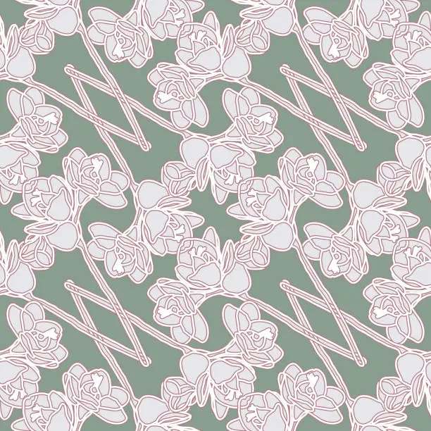 Vector illustration of Freesia seamless vector pattern. Floral design in art nouveau style. Hand drawn decorative design of flowers in beautiful colour combination.