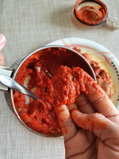 istock Spicy red chili chilli paste for Indian Kerala style fish curry 1283321858