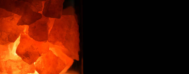 istock Orange lamp night light on a dark background, with an empty space for text on the right, close up. The lamp is battery powered with charcoal inside. Banner. 1283321862