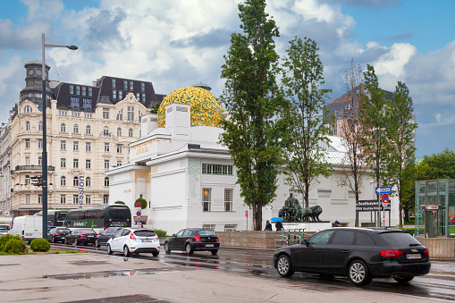 Vienna, Austria - May 29 2019: The Vienna Secession is a contemporary-art museum with a dome of gilded laurels & temporary exhibitions by renowned artists.