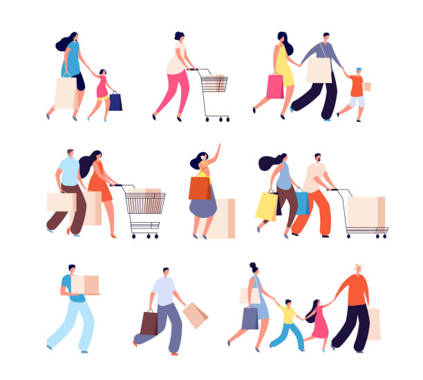 Family shopping. Consumers, woman buy food or clothes. Isolated people with bag for shop. Kids and adult fashion shoppers vector characters Family shopping. Consumers, woman buy food or clothes. Isolated people with bag for shop. Kids and adult fashion shoppers vector characters. Family purchase, young woman in supermarket illustration cart illustrations stock illustrations