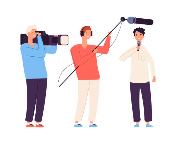 Live streamer. News, broadcaster journalist. TV show or interview shooting. Camera crew and man with microphone vector illustration Live streamer. News, broadcaster journalist. TV show or interview shooting. Camera crew and man with microphone vector illustration. Tv camera interview, journalist news, cameraman professional interview camera stock illustrations