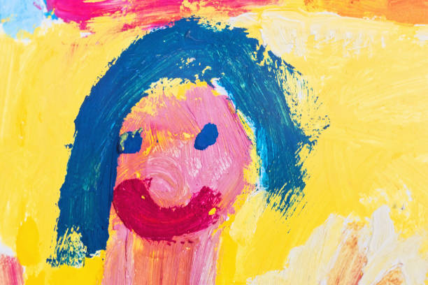 naive child's painting of a face with a happy mouth - child art childs drawing painted image imagens e fotografias de stock