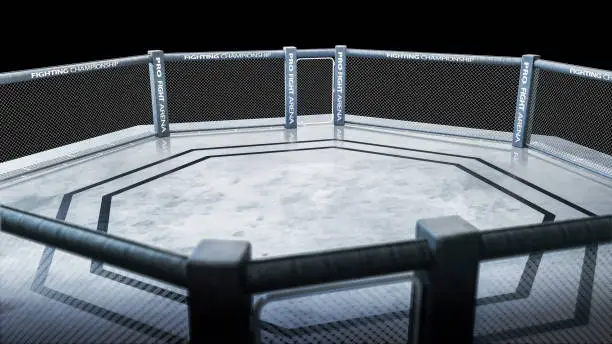 Photo of MAA octagon top view. Fighting Championship. Isolated MMA octagon. 3D rendering