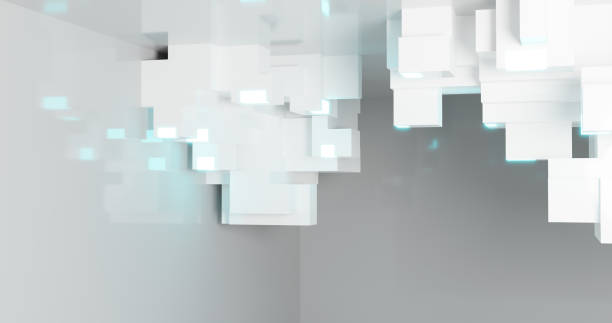 istock 3d rendering. Abstract background. Modern geometric cubes with neon elements in a light room. Minimalistic design for poster, cover, branding, banner, poster. 1283327723