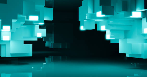 3d rendering. Abstract background. Modern geometric cubes with neon elements in a dark room. Minimalistic design for poster, cover, branding, banner, poster.