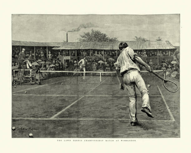 ilustrações de stock, clip art, desenhos animados e ícones de victorian lawn tennis match, 1888 wimbledon championships - tennis court men racket