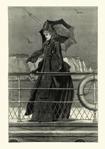 Victorian widow wearing black mourning dress, Fashion, 19th Century Vintage illustration of Victorian widow wearing black mourning dress, Fashion, 19th Century north downs stock illustrations