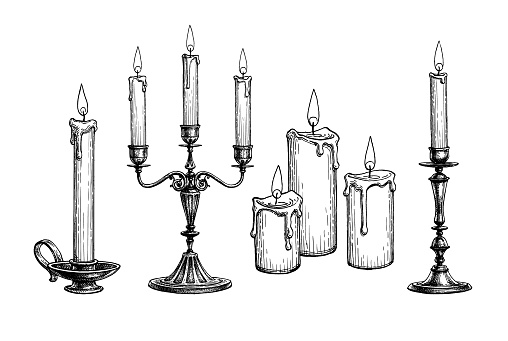 Candles burning. Candelabra and candlestick. Ink sketch isolated on white background. Hand drawn vector illustration. Retro style.