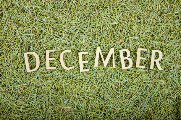 Word December corrugated saddle on Christmas background stock photo