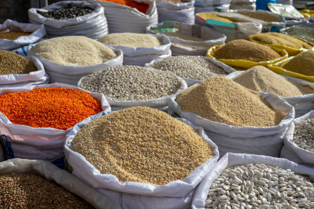 dried pulses and cereals sold at local market dried pulses and cereals sold at local market winter rye stock pictures, royalty-free photos & images
