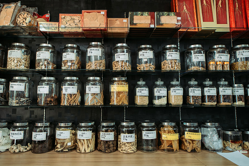 chinese herbs keeping inside jars