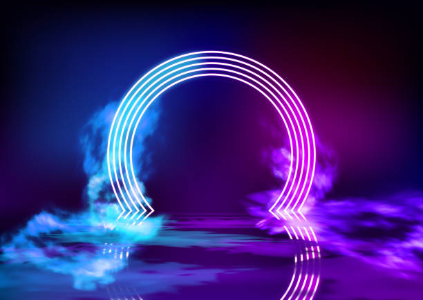istock Neon color geometric circle on pattern background. Round mystical portal, neon sign. Reflection of blue and pink neon light on the floor. Rays of light in the dark, smoke. Vector. 1283338871